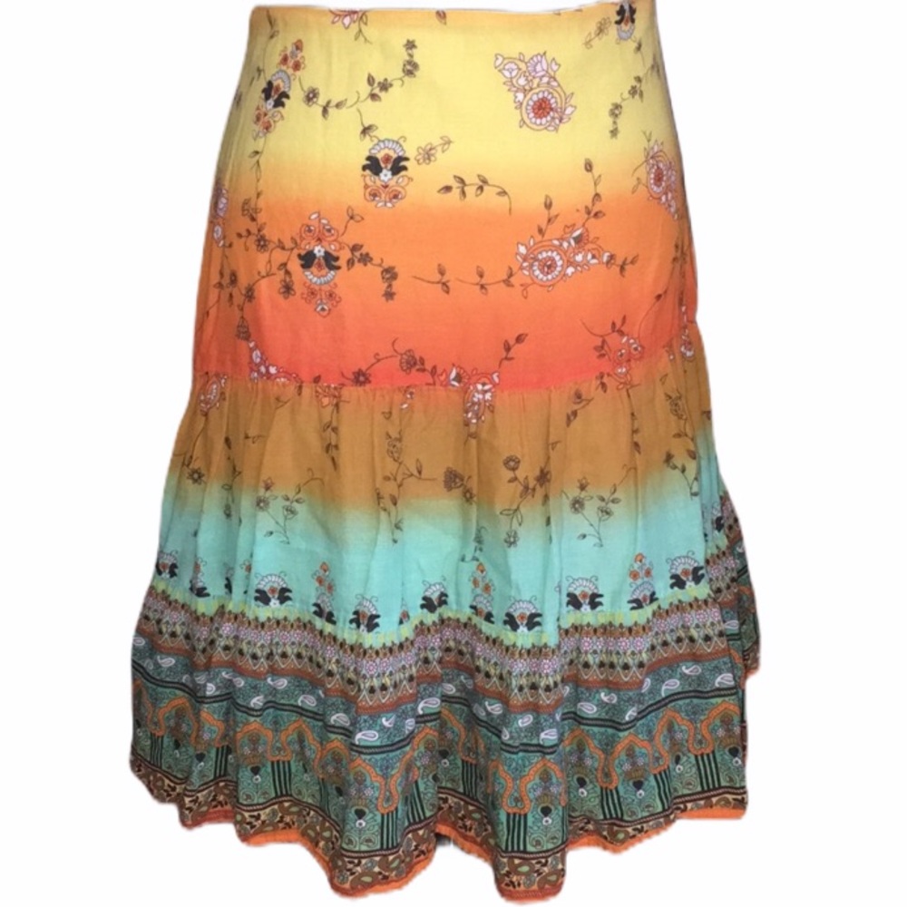 Fairy Boho Ombre Yellow Orange Teal Floral Cotton Tiered Skirt
